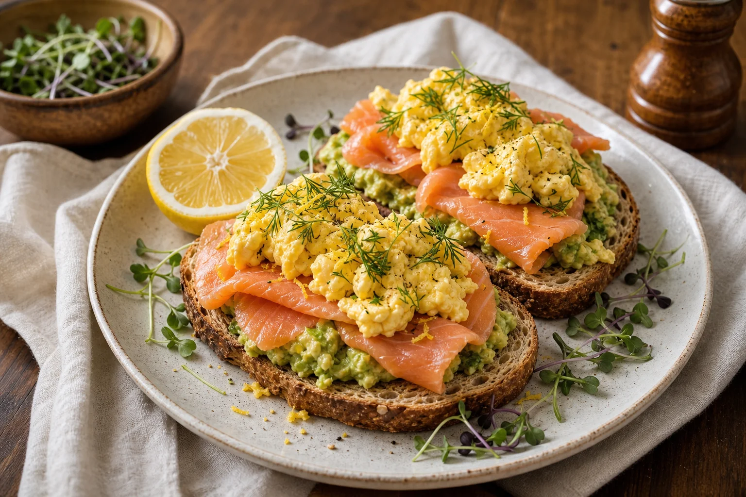 Vejce s lososem a avokádem na celozrnném toastu
